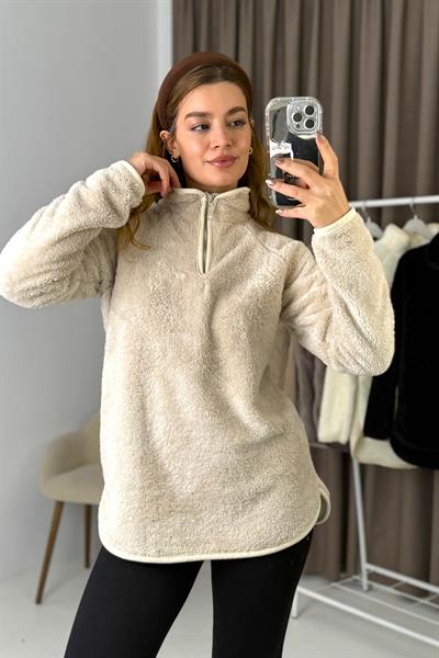 Kadın Yarım Fermuarlı  Welsoft Peluş Bej Sweatshirt 
