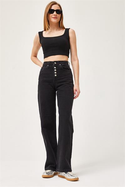 Yüksek Bel Düğmeli Wide Leg Jean Siyah