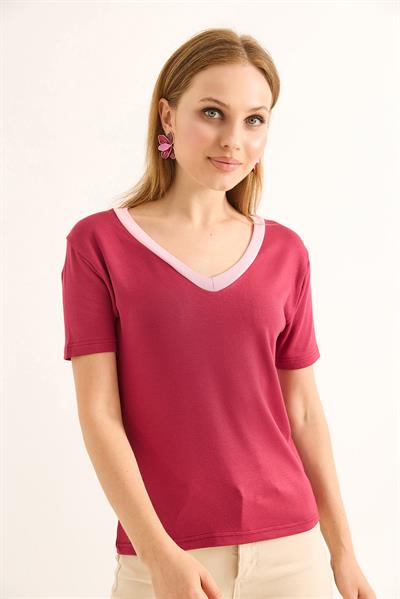 V Yaka  Kısa Kollu Kadın Kısa Tshirt Bordo