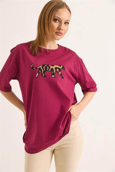 Ön Arka Nakışlı Oversize Pamuk T-Shirt Bordo