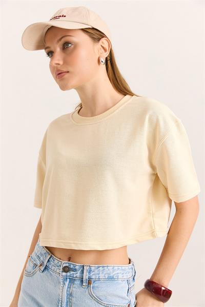 Bisiklet Yaka Havalı Crop İki İp Tshirt  Bej