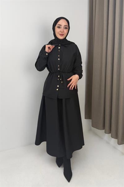 Kadın Beli Büzgü Detaylı Düğmeli Etekli Takım Siyah