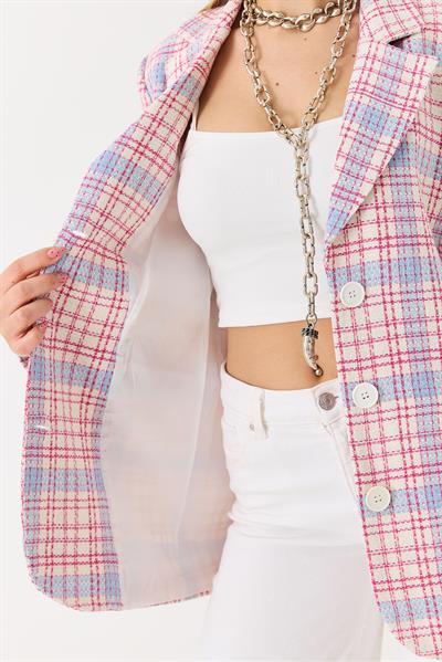 Kadın Ekoseli Blazer Ceket Pembe