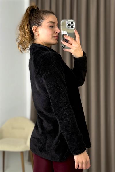 Kadın Yarım Fermuarlı  Welsoft Peluş Siyah Sweatshirt 