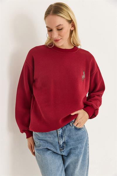 Kadın Geyik Nakışlı Üç İplik Şardonlu Sweatsirt Bordo