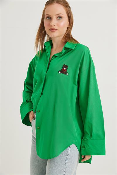 Ayıcık Nakışlı Oversize Basic Gömlek Yeşil