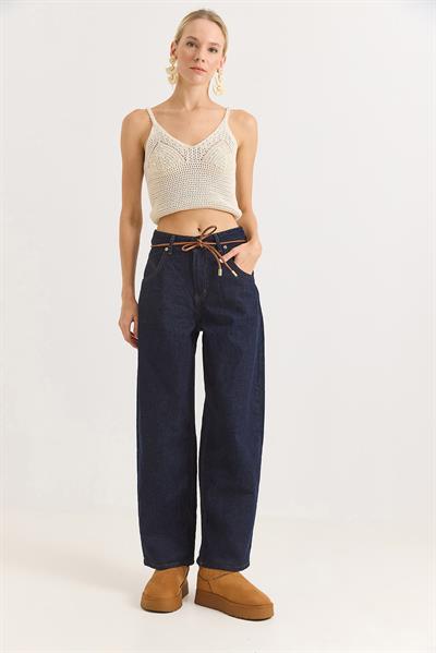 Kadın Deri Kemerli Bol Paça Kot Pantalon  Lacivert