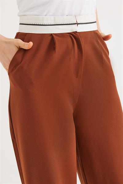 Beli Şeritli Bol Paça Pantolon Kahverengi