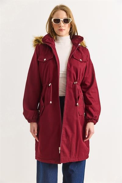 Kadın Bordo Uzun  Boy Gabardin Kumaş İçi Yün Mont