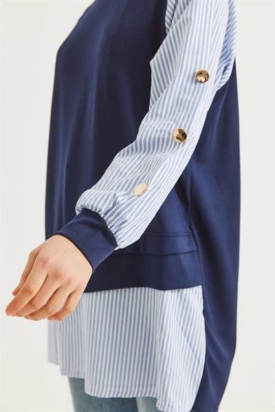 Kolu Ve Eteği Gömlek Garnili Tunik  Lacivert