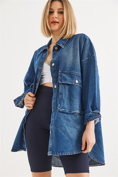 Çift Cepli  Oversize Kot Ceket Mavi