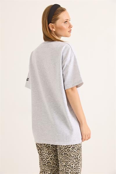 Bisiklet Yaka Baskılı Oversize Tshirt Gri