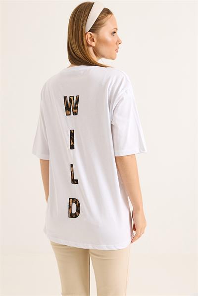 Ön Arka Nakışlı Oversize Pamuk T-Shirt Beyaz