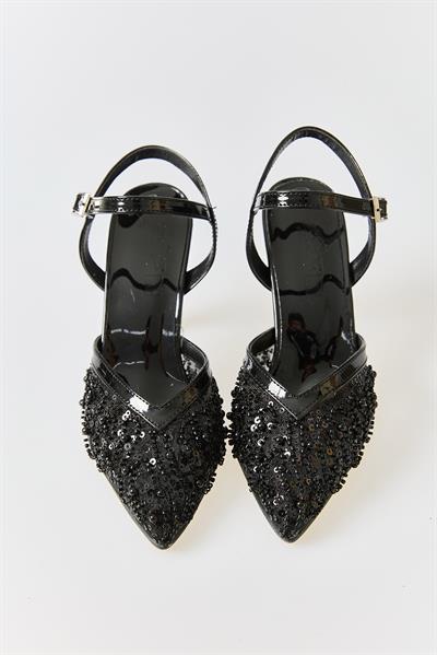 Kadın Tül Pul ve Boncuk İşlemeli Stiletto Siyah
