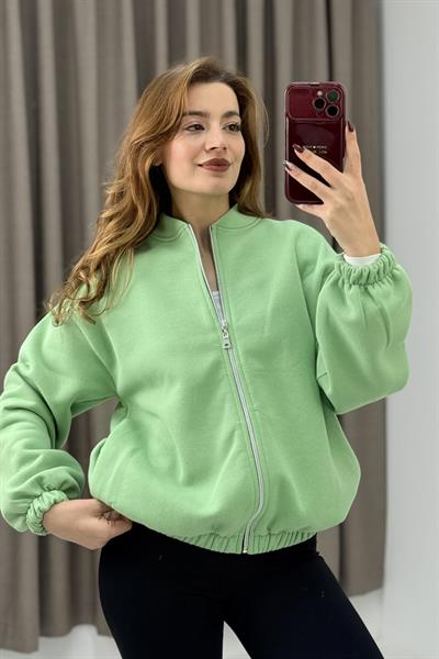 Üç İplik Şardonlu Su Yeşili Beli Lastikli Fermuarlı Hırka