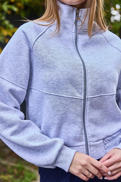 Kadın Fermuarlı Dikiş Detaylı Sweat Gri