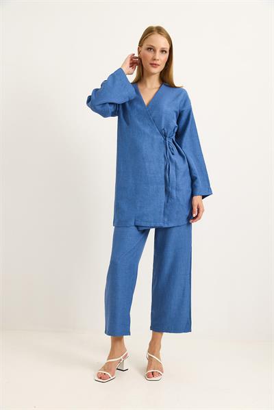 Yandan Bağlamalı Kimono Pantolon İkili Takım Mavi