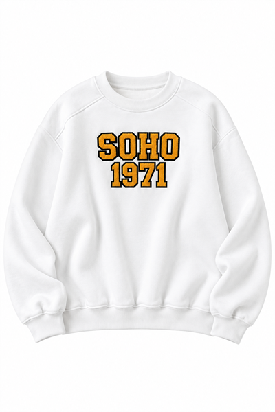 Kadın Bisiklet Yaka Şardonlu Oversize Baskılı Sweatshirt Beyaz