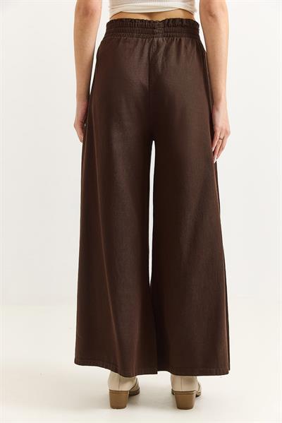 Kadın Pantalon Geniş Paça Cepleri Dikiş Detaylı  Pantalon Kahverengi
