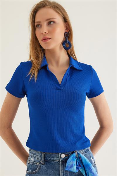 Polo Yaka Kadın Kısa Kol Bluz Saks