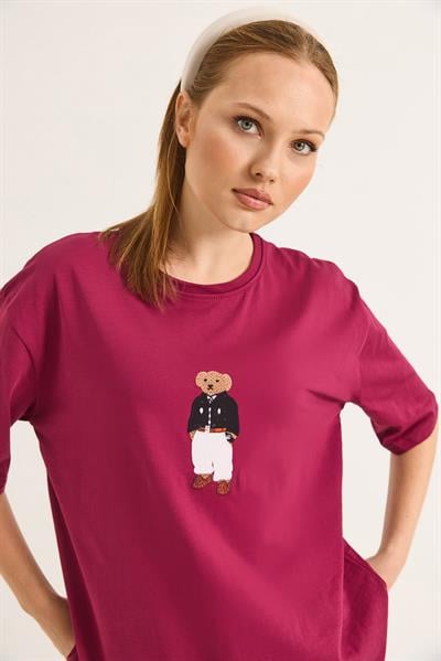 Ayıcık Nakışlı Rahat Kalıplı Tshirt Bordo
