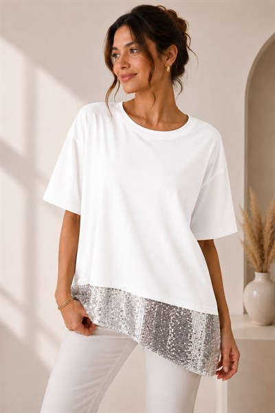 Kadın Eteği Payetli Bisiklet Yaka Oversize Tshirt Beyaz