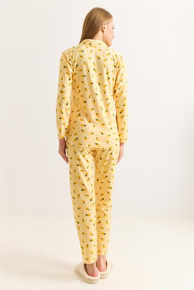 Sarı Kadın Polo Yaka Pamuklu Limon Desenli Pijama Takımı