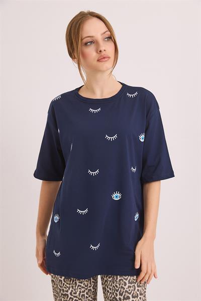 Göz Baskılı Oversize Pamuk Süprem Tshirt Lacivert