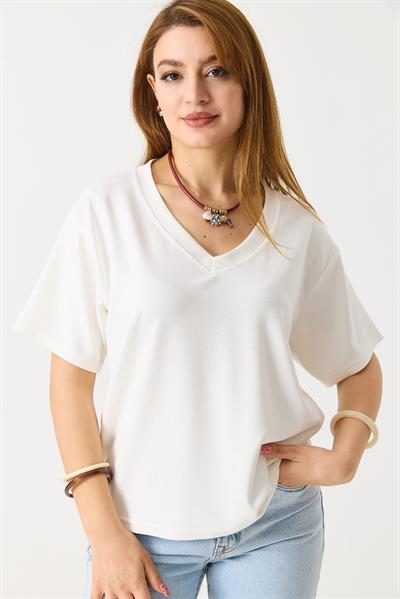 Kadın V Yaka Modal Kısa Kollu Tshirt  Beyaz