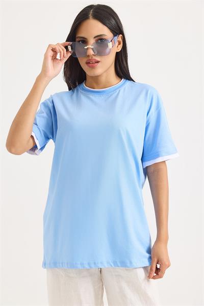 Bisiklet Yaka Kolları Garnili Kadın T-shirt Mavi