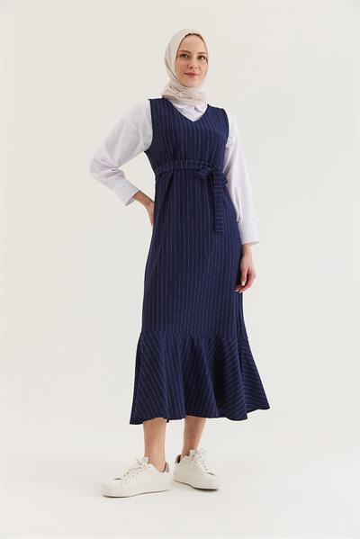 Çizgili Sıfır Kol Beli Kuşaklı Elbise Lacivert