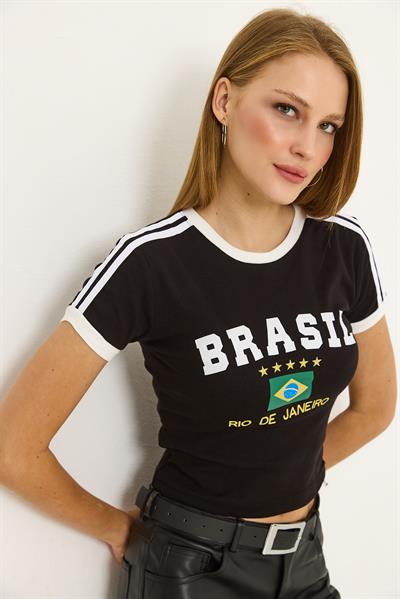 Bisiklet Yaka Şerit Detaylı Kadın Crop Tshirt Siyah