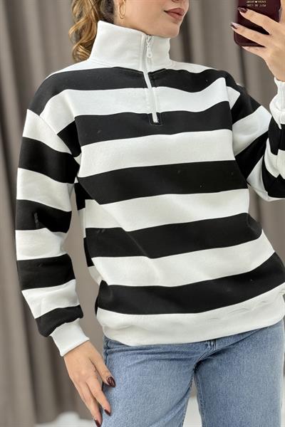Kadın Siyah Balıkçı Yaka Çizgili Üç İplik İçi Şardonlu Kışlık Sweatshırt