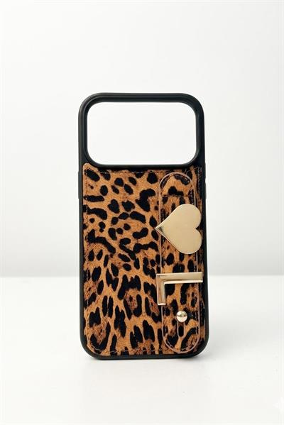 İphone 17 Pro Uyumlu Charmlı ve Harfli Deri Kılıf Leopar