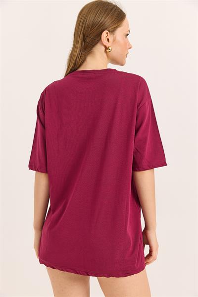 Baskı Nakış Detaylı Pamuk Süprem Rahat Kalıp  Bordo Tshirt