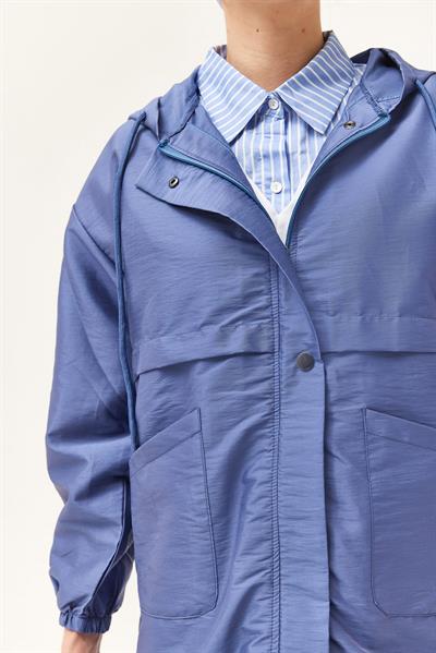 Çıtçıtlı Kapüşonlu Yağmurluk Mavi