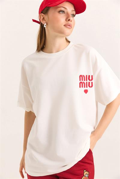 Nakış Detaylı Oversize Örme İki İp Tshirt Beyaz