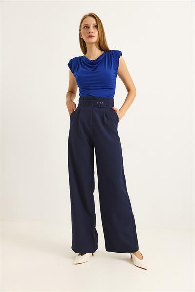 Yüksek Bel  Kemerli Bol Paça Pantolon Lacivert