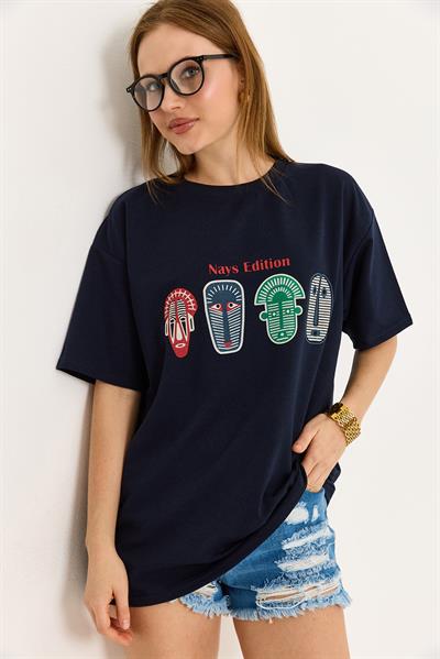Baskılı Oversize Tshirt  Lacivert