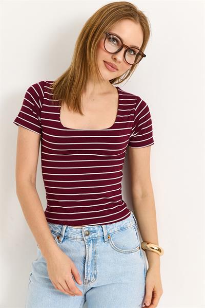 Kare Yaka Likralı Pamuk Bluz Bordo