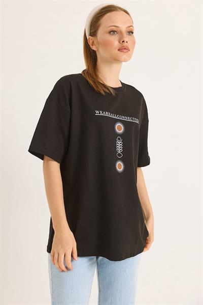 Bisiklet Yaka Kısa Kol Baskılı Tshirt Sİyah