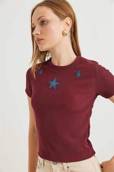 Yıldız Detaylı Fitilli Kısa Kollu Crop Bluz Bordo