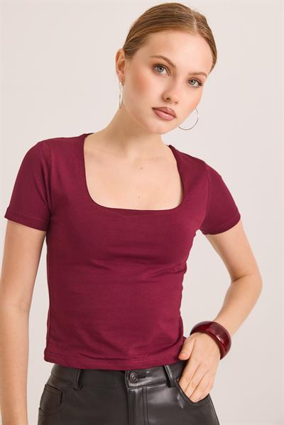 Kare Yaka Esnek Pamuk Örme Bluz Bordo