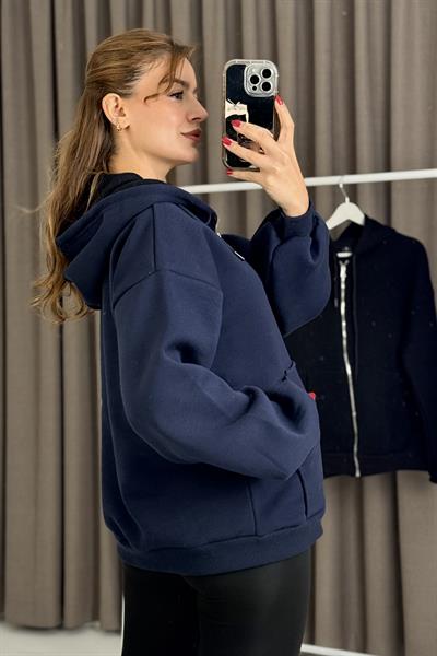 Kadın Oversize Kapüşonlu Cepli Sweatshirt Lacivert