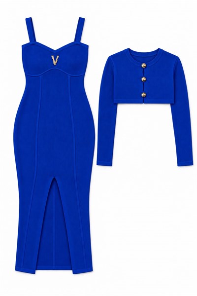 Yırtmaçlı Elbise Crop Ceket Takım Saks