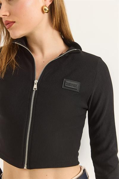 Dik Yaka Fermuarlı Crop Bluz Siyah
