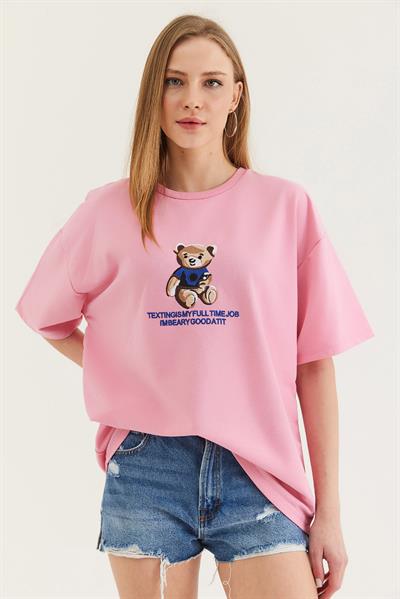 Bisiklet Yaka Oversize T-Shirt Pembe