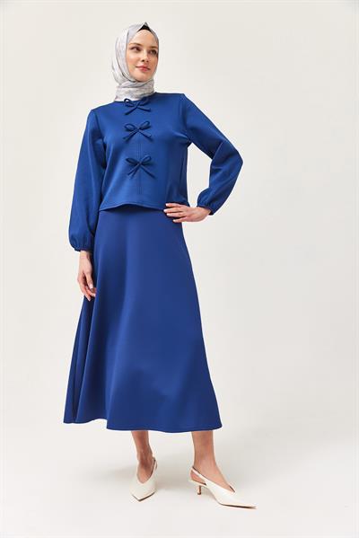 Önü Fiyonklu Etekli Scuba İkili Takım Lacivert