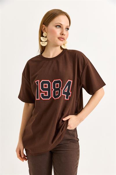1984 Baskılı Oversize Tshirt Kahverengi