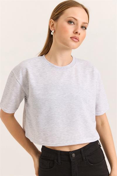 Bisiklet Yaka Havalı Crop İki İp Tshirt Gri